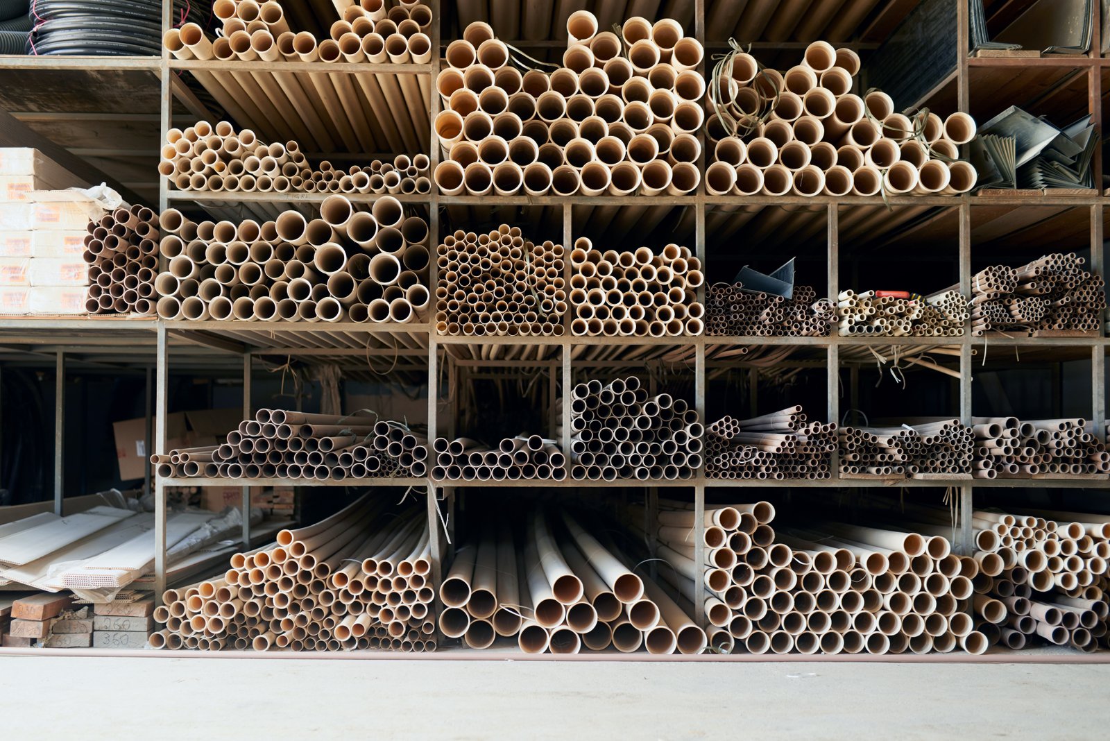 Industrial warehouse of steel tubes