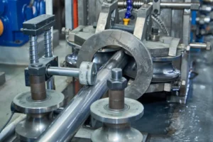Close-up of industrial precision tube mill machinery producing stainless steel pipes.