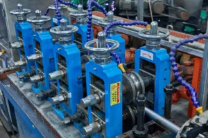Blue industrial tube manufacturing machine with adjustable components and metal rollers